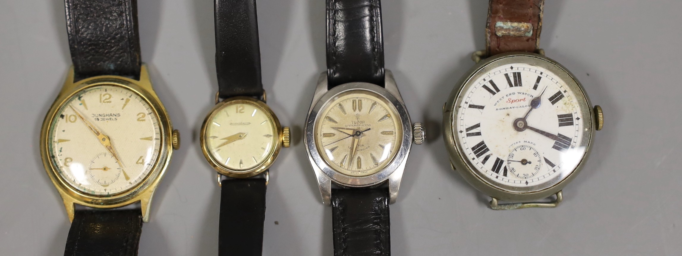 A lady's stainless steel Tudor Oyster Princess self-winding wrist watch, a lady's 9ct gold Jaeger LeCoultre manual wind wrist watch and two other watches.